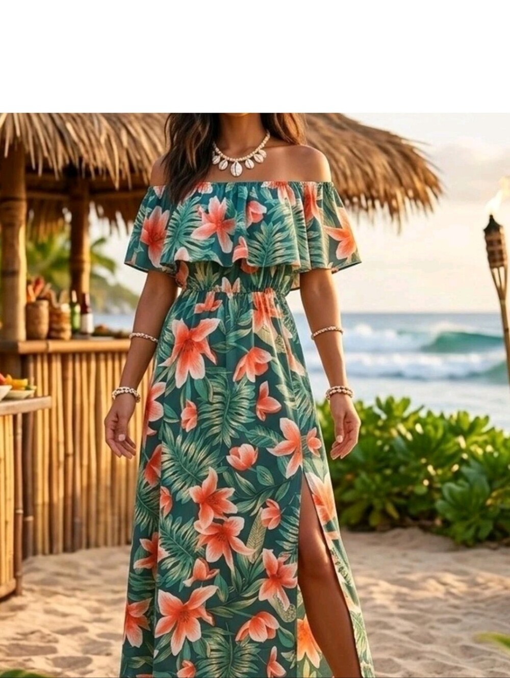 Cupshe Womens New Green/Orange Tropical Lily Off Shoulder Maxi Dress Large